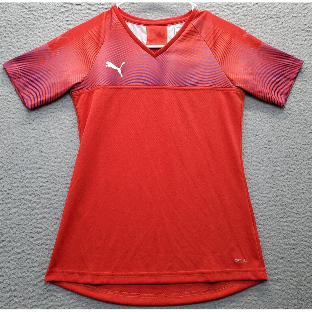 PUMA Cup Jersey Womens XS Red DryCell Short Sleeve V Neck‎ Spelout Logo Pullover